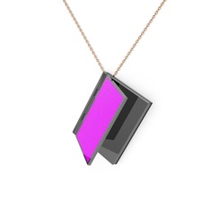 925 ayar siyah rodyum kaplama gümüş kolye (Neon pembe mineli, 40 cm rose altın rolo zincir)