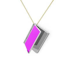 8 ayar beyaz altın kolye (Neon pembe mineli, 40 cm gümüş rolo zincir)