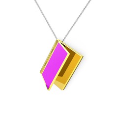 14 ayar altın kolye (Neon pembe mineli, 40 cm beyaz altın rolo zincir)