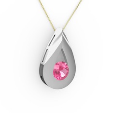 Pembe kuvars 18 ayar beyaz altın kolye (40 cm altın rolo zincir)