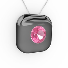 Moria Tektaş Kolye - Pembe kuvars 925 ayar siyah rodyum kaplama gümüş kolye (40 cm beyaz altın rolo zincir) #1j29lwl