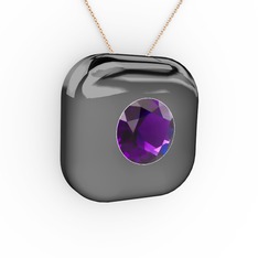 Moria Tektaş Kolye - Ametist 925 ayar siyah rodyum kaplama gümüş kolye (40 cm rose altın rolo zincir) #1slivnk