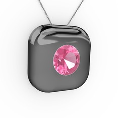 Pembe kuvars 925 ayar siyah rodyum kaplama gümüş kolye (40 cm gümüş rolo zincir)