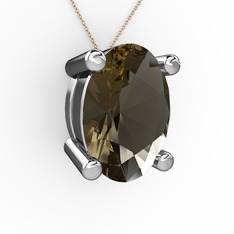 Oval Kolye - Dumanlı kuvars 8 ayar beyaz altın kolye (40 cm rose altın rolo zincir) #149yam4