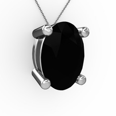 Oval Kolye - Siyah zirkon 14 ayar beyaz altın kolye (40 cm gümüş rolo zincir) #1easl8s