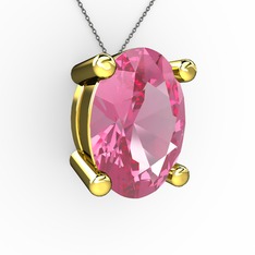 Oval Kolye - Pembe kuvars 8 ayar altın kolye (40 cm gümüş rolo zincir) #1erp7oc