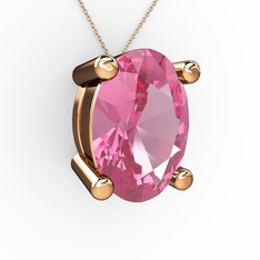 Oval Kolye - Pembe kuvars 8 ayar rose altın kolye (40 cm gümüş rolo zincir) #1p85tik