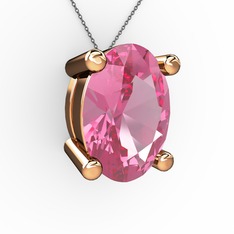 Oval Kolye - Pembe kuvars 8 ayar rose altın kolye (40 cm gümüş rolo zincir) #1pcqunl