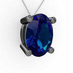 Oval Kolye - Lab safir 925 ayar siyah rodyum kaplama gümüş kolye (40 cm beyaz altın rolo zincir) #greej1