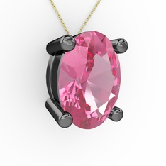 Oval Kolye - Pembe kuvars 925 ayar siyah rodyum kaplama gümüş kolye (40 cm altın rolo zincir) #ij40m8