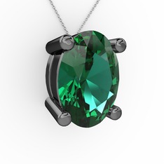Oval Kolye - Yeşil kuvars 925 ayar siyah rodyum kaplama gümüş kolye (40 cm beyaz altın rolo zincir) #qphwew