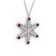 Garnet ve pembe kuvars 14 ayar beyaz altın kolye (40 cm beyaz altın rolo zincir)