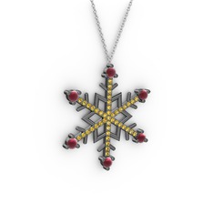 Aloin Kar Tanesi Kolye - Kök yakut ve sitrin 925 ayar siyah rodyum kaplama gümüş kolye (40 cm beyaz altın rolo zincir) #14nijb0