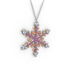 Akuamarin ve ametist 925 ayar rose altın kaplama gümüş kolye (40 cm beyaz altın rolo zincir)