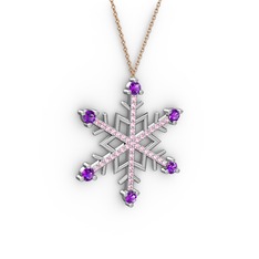Aloin Kar Tanesi Kolye - Ametist ve pembe kuvars 18 ayar beyaz altın kolye (40 cm rose altın rolo zincir) #16dta6k
