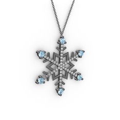 Aloin Kar Tanesi Kolye - Akuamarin ve swarovski 925 ayar siyah rodyum kaplama gümüş kolye (40 cm gümüş rolo zincir) #1ag4k4a