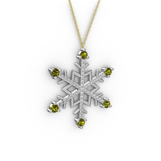 Peridot ve beyaz zirkon 18 ayar beyaz altın kolye (40 cm gümüş rolo zincir)