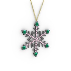 Kök zümrüt ve pembe kuvars 925 ayar siyah rodyum kaplama gümüş kolye (40 cm altın rolo zincir)