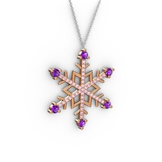 Aloin Kar Tanesi Kolye - Ametist ve pembe kuvars 8 ayar rose altın kolye (40 cm beyaz altın rolo zincir) #1ihc2xi