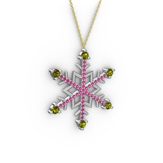 Peridot ve rodolit garnet 18 ayar beyaz altın kolye (40 cm gümüş rolo zincir)