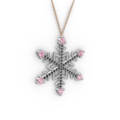 Aloin Kar Tanesi Kolye - Pembe kuvars ve siyah zirkon 14 ayar beyaz altın kolye (40 cm rose altın rolo zincir) #1lkgy7x