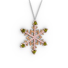 Aloin Kar Tanesi Kolye - Peridot ve pembe kuvars 8 ayar rose altın kolye (40 cm beyaz altın rolo zincir) #1m66led