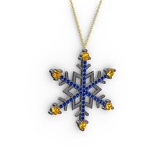 Sitrin ve lab safir 925 ayar siyah rodyum kaplama gümüş kolye (40 cm altın rolo zincir)