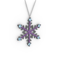 Aloin Kar Tanesi Kolye - Akuamarin ve ametist 925 ayar siyah rodyum kaplama gümüş kolye (40 cm beyaz altın rolo zincir) #3buts