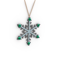 Aloin Kar Tanesi Kolye - Kök zümrüt ve akuamarin 925 ayar siyah rodyum kaplama gümüş kolye (40 cm rose altın rolo zincir) #658vu