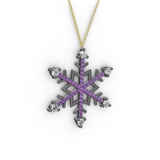 Aloin Kar Tanesi Kolye - Swarovski ve ametist 925 ayar siyah rodyum kaplama gümüş kolye (40 cm altın rolo zincir) #7c2h07