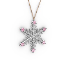 Pembe kuvars ve swarovski 8 ayar beyaz altın kolye (40 cm rose altın rolo zincir)