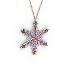 Peridot ve rodolit garnet 8 ayar beyaz altın kolye (40 cm rose altın rolo zincir)