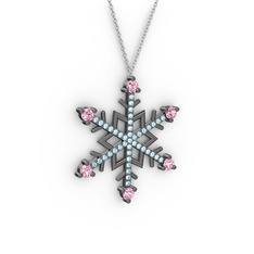 Aloin Kar Tanesi Kolye - Pembe kuvars ve akuamarin 925 ayar siyah rodyum kaplama gümüş kolye (40 cm beyaz altın rolo zincir) #z56uv4