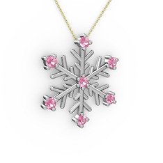 Pembe kuvars 18 ayar beyaz altın kolye (40 cm gümüş rolo zincir)