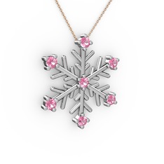 Pembe kuvars 8 ayar beyaz altın kolye (40 cm gümüş rolo zincir)