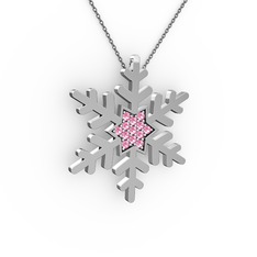 Pembe kuvars 18 ayar beyaz altın kolye (40 cm gümüş rolo zincir)