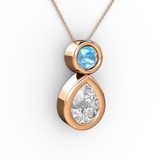 İkili Damla Kolye - Swarovski ve akuamarin 8 ayar rose altın kolye (40 cm rose altın rolo zincir) #1020cxz