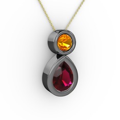 İkili Damla Kolye - Rodolit garnet ve sitrin 925 ayar siyah rodyum kaplama gümüş kolye (40 cm gümüş rolo zincir) #10491ec