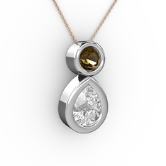 İkili Damla Kolye - Swarovski ve dumanlı kuvars 14 ayar beyaz altın kolye (40 cm gümüş rolo zincir) #109gw9b