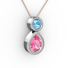 İkili Damla Kolye - Pembe kuvars ve akuamarin 8 ayar beyaz altın kolye (40 cm rose altın rolo zincir) #10wojhq