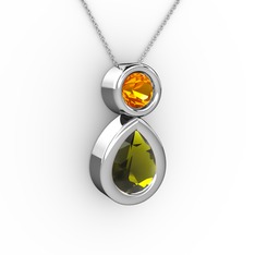 İkili Damla Kolye - Peridot ve sitrin 18 ayar beyaz altın kolye (40 cm beyaz altın rolo zincir) #10xq7uk