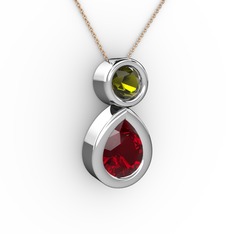 İkili Damla Kolye - Garnet ve peridot 14 ayar beyaz altın kolye (40 cm rose altın rolo zincir) #1139u2n