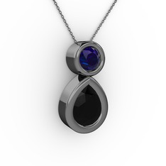 İkili Damla Kolye - Siyah zirkon ve lab safir 925 ayar siyah rodyum kaplama gümüş kolye (40 cm gümüş rolo zincir) #11hnuj1