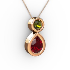 İkili Damla Kolye - Garnet ve peridot 8 ayar rose altın kolye (40 cm rose altın rolo zincir) #11kfege