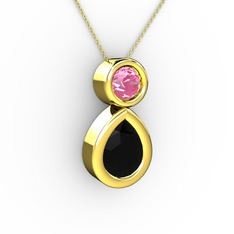 İkili Damla Kolye - Siyah zirkon ve pembe kuvars 925 ayar altın kaplama gümüş kolye (40 cm altın rolo zincir) #11t1qfc