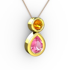 İkili Damla Kolye - Pembe kuvars ve sitrin 8 ayar altın kolye (40 cm rose altın rolo zincir) #11tw5z4