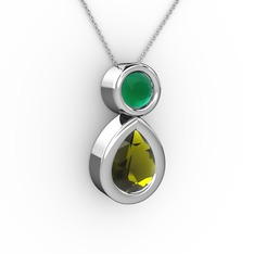 İkili Damla Kolye - Peridot ve kök zümrüt 14 ayar beyaz altın kolye (40 cm gümüş rolo zincir) #123pui7