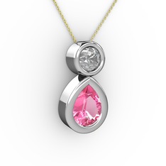 İkili Damla Kolye - Pembe kuvars ve pırlanta 18 ayar beyaz altın kolye (0.5 karat, 40 cm altın rolo zincir) #124xoj4