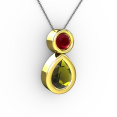İkili Damla Kolye - Peridot ve kök yakut 14 ayar altın kolye (40 cm gümüş rolo zincir) #129fnnv
