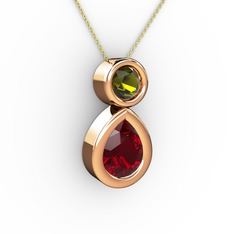 İkili Damla Kolye - Garnet ve peridot 14 ayar rose altın kolye (40 cm altın rolo zincir) #129su9c